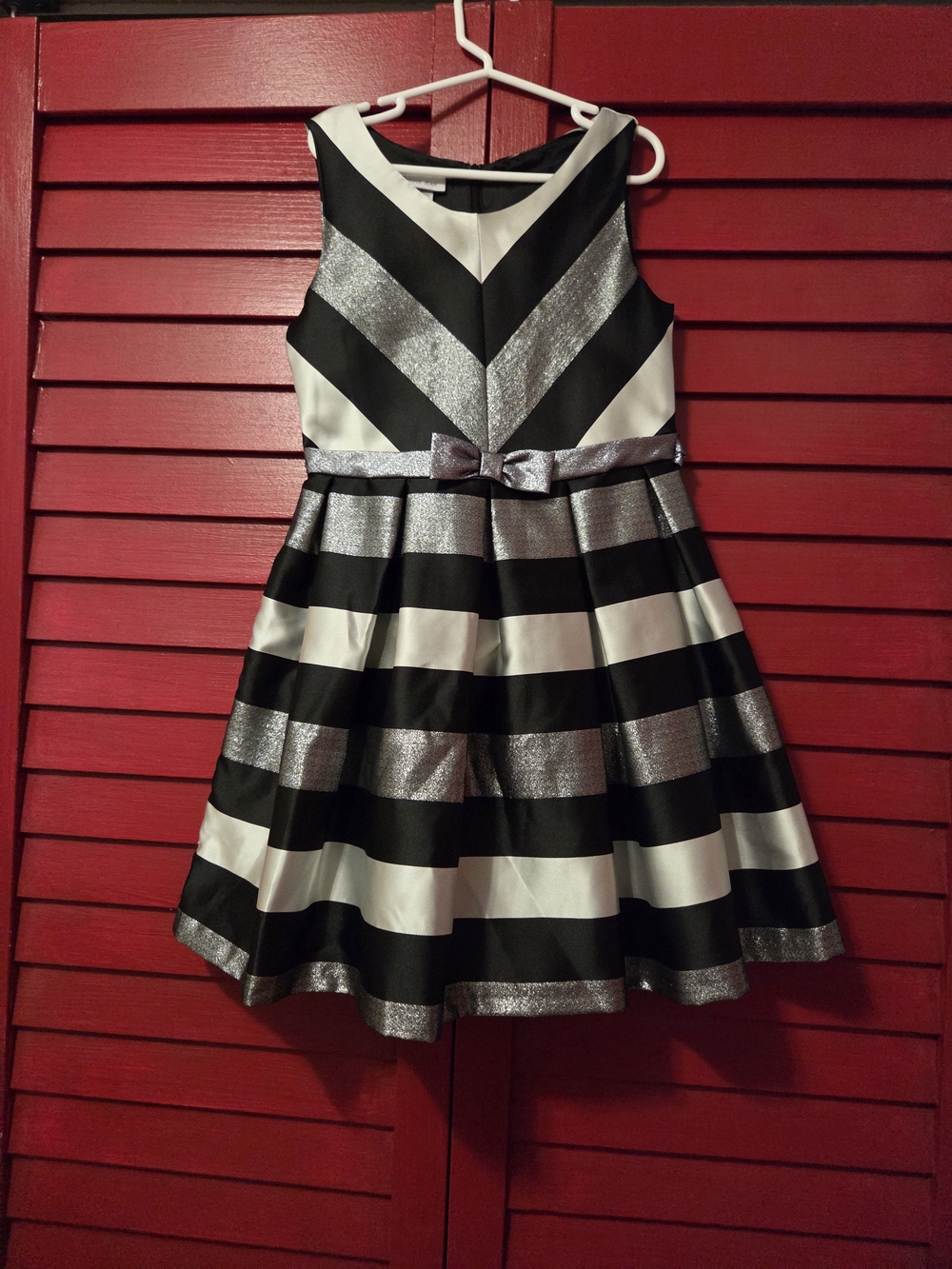 Bonnie Jean Black, White & Silver Striped Formal Dress with Bow